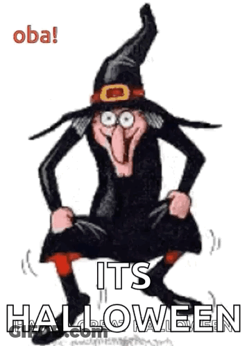 Cartoon Witch Jumping Saying It's Halloween GIF