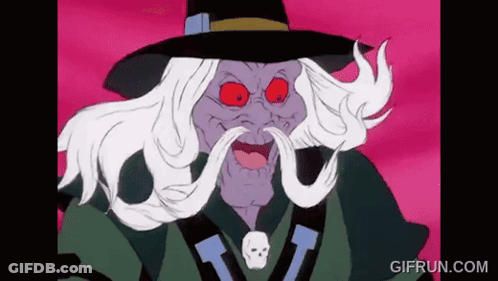 Cartoon Witch With Red Eyes And Mustache GIF