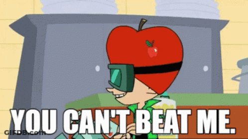 Cartoon With Apple On Head Saying You Can't Beat Me GIF