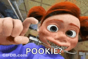 Cartoon With Braces Holding Scissors Saying Pookie GIF