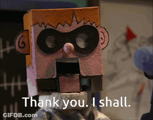 Cartoon With Cardboard Box Saying Thank You I Shall GIF