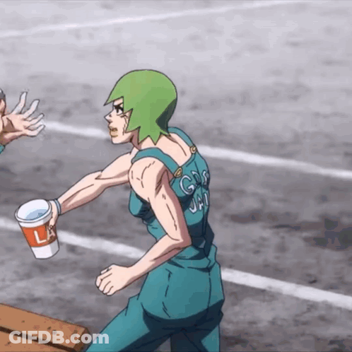 Cartoon With Green Hair Holding Cup Saying La GIF