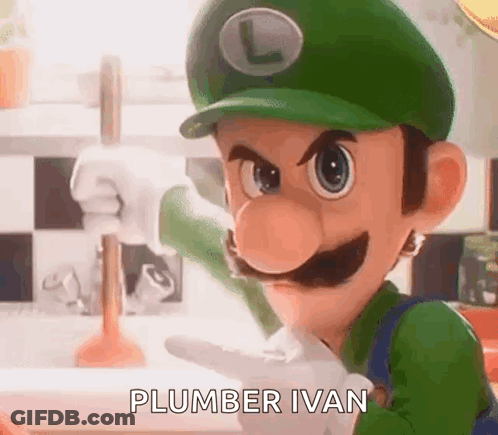 Cartoon With Green Hat And Mustache Holding Plunger Says Plumber Ivan GIF