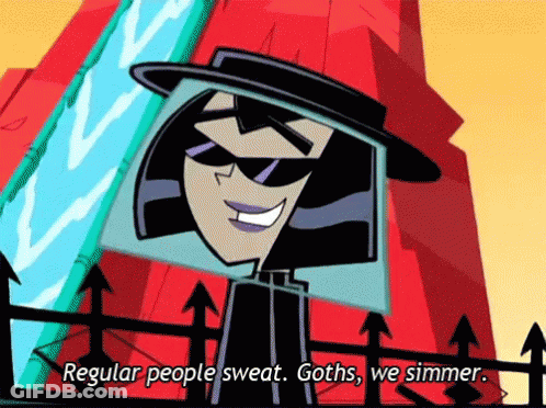 Cartoon With Hat And Sunglasses Says Regular People Sweat Goths We Simmer GIF