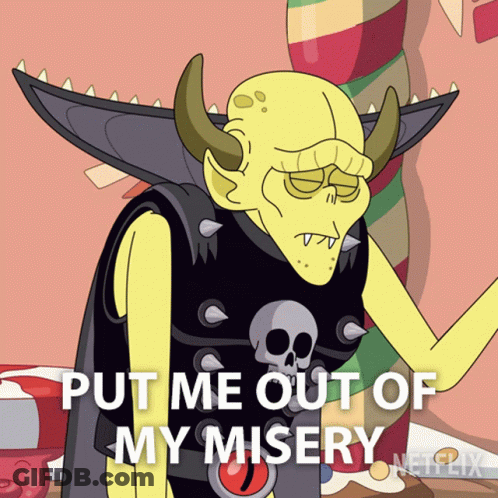 Cartoon With Horns And Skull Shirt Says Put Me Out Of My Misery GIF