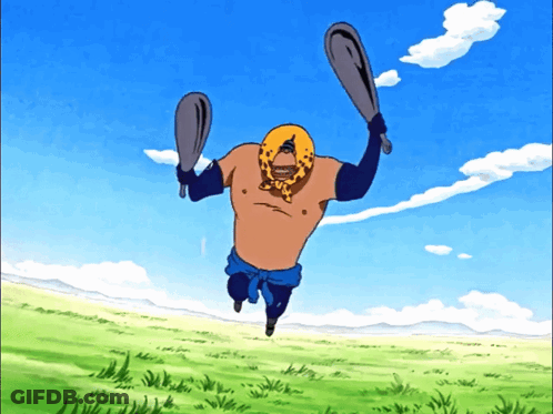 Cartoon With Leopard Print Head Jumping With Two Bats GIF