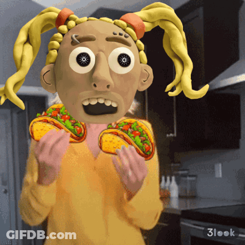 Cartoon With Pigtails Holding Two Tacos In Front Of 3Look Logo GIF