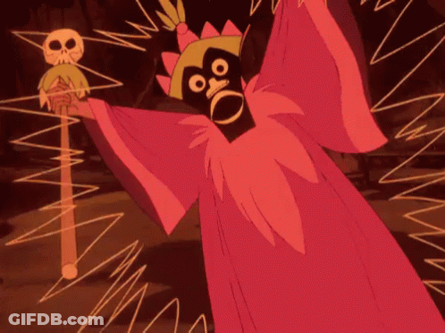 Cartoon With Skull On Head Holding Stick GIF