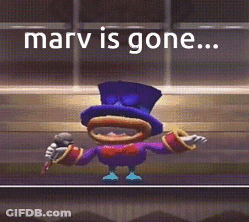 Cartoon With Top Hat Holding Microphone Says Marv Is Gone GIF