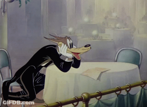 Cartoon Wolf In Tuxedo At Restaurant GIF