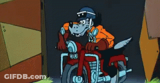 Cartoon Wolf Riding Red Motorcycle With Helmet GIF
