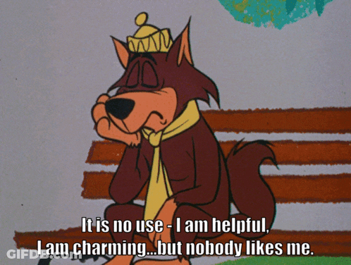 Cartoon Wolf Sitting On Bench Saying It Is No Use I Am Helpful GIF