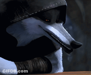 Cartoon Wolf With Hood And Orange Eyes Smiling GIF