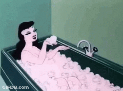 Cartoon Woman Bathing In Pink Bubbles GIF