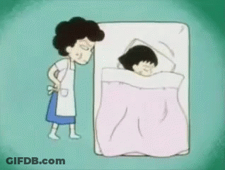 Cartoon Woman Beside Sleeping Child On Mattress GIF