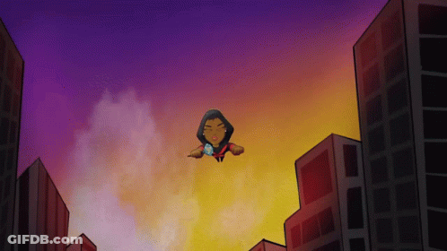 Cartoon Woman Flying Through Air With Buildings GIF