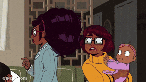 Cartoon Woman Holding Baby And Pointing GIF
