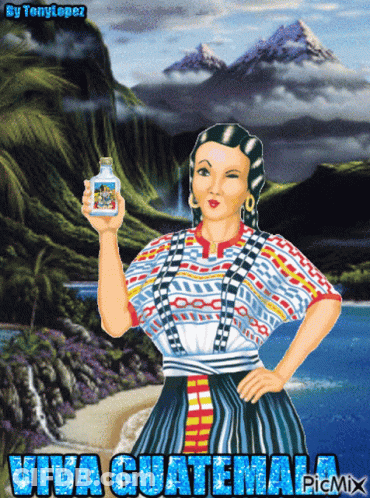Cartoon Woman Holding Bottle Viva Guatemala GIF