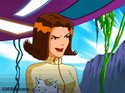 Cartoon Woman Holding Cat Purple Background GIF