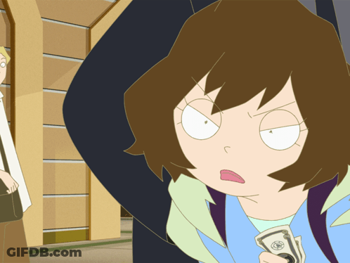 Cartoon Woman Holding Dollar Bill Funny Face GIF
