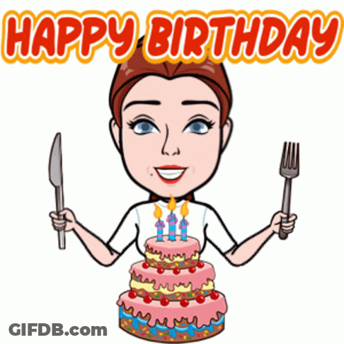 Cartoon Woman Holding Knife And Fork In Front Of Birthday Cake GIF