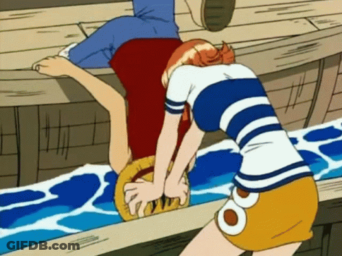Cartoon Woman Holding Monkey D Luffy Badge GIF