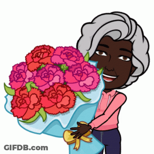 Cartoon Woman Holding Pink And Red Flowers GIF