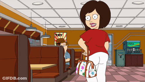 Cartoon Woman Holding Purse In Diner With Try Sign GIF