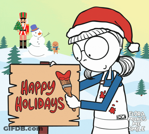Cartoon Woman Holding Sign That Says Happy Holidays GIF