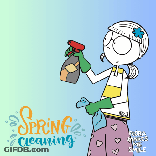 Cartoon Woman Holding Spray Bottle With Spring Cleaning GIF