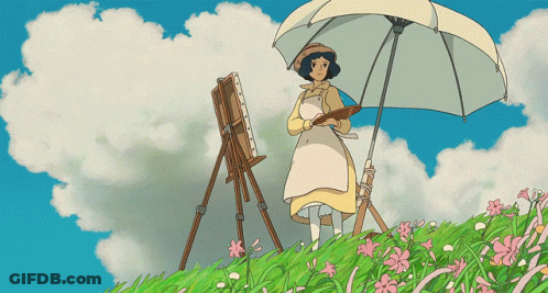 Cartoon Woman Holding Umbrella And Painting Easel GIF