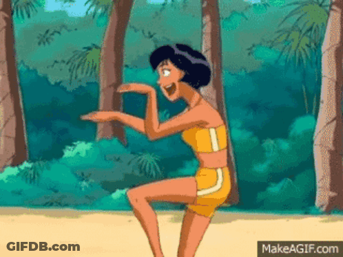 Cartoon Woman In Bikini Squatting On Beach With Palm Trees GIF