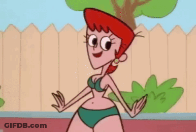 Cartoon Woman In Bikini Standing Next To Fence GIF