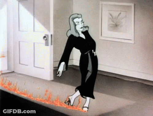 Cartoon Woman In Black Dress Walking On Fire Carpet GIF