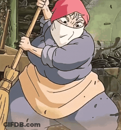 Cartoon Woman In Face Mask Holding Broom GIF
