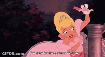 Cartoon Woman In Pink Dress Saying I'm Sweating Like A Sinner In Church GIF