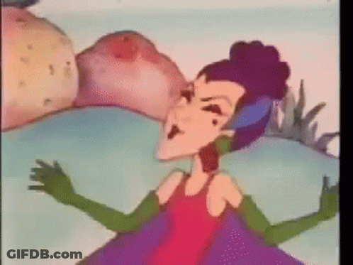 Cartoon Woman In Purple Dress And Green Gloves Standing In Front Of Rock GIF