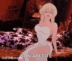 Cartoon Woman In White Dress Says Bon Appetit GIF
