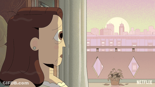 Cartoon Woman Looking Out Window With Netflix Logo GIF