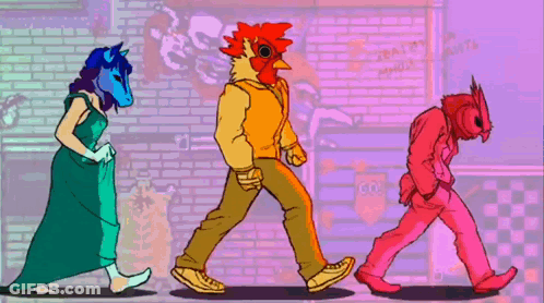 Cartoon Woman Man And Rooster GIF