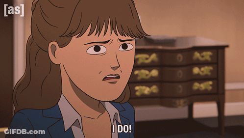 Cartoon Woman Saying I Do In Front Of Dresser GIF