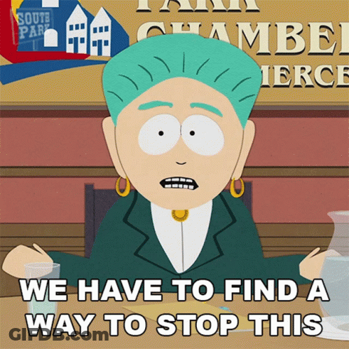 Cartoon Woman Sitting At Table Saying We Have To Find A Way To Stop This GIF