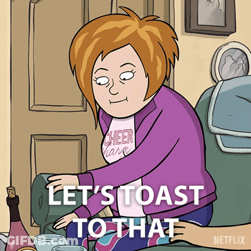 Cartoon Woman Sitting At Table Toasting GIF