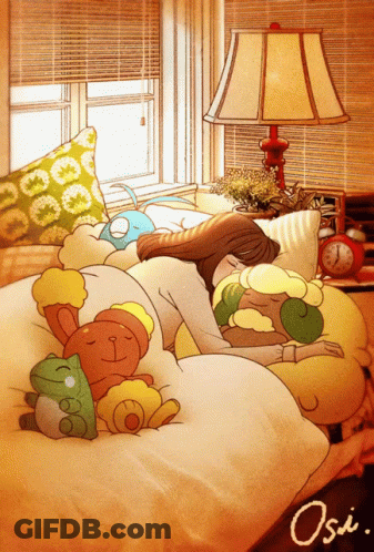 Cartoon Woman Sleeping With Stuffed Animals GIF