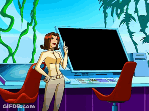 Cartoon Woman Standing In Front Of Computer Screen GIF