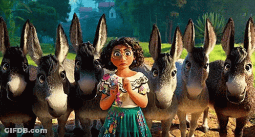 Cartoon Woman Standing In Front Of Donkeys GIF