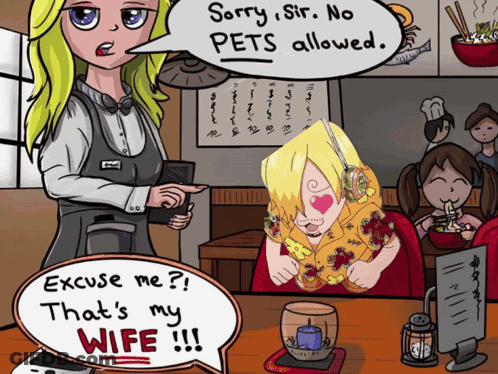 Cartoon Woman Talking To Man Saying No Pets GIF
