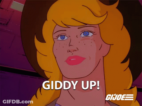 Cartoon Woman With Giddy Up On Face GIF