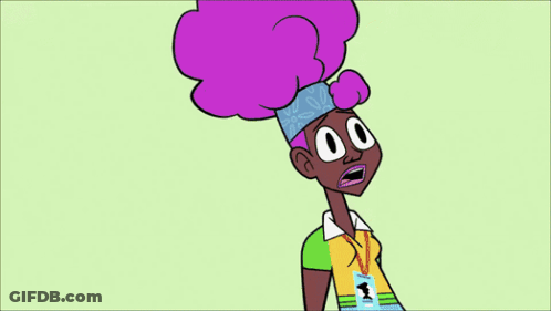 Cartoon Woman With Purple Hair And Name Tag GIF