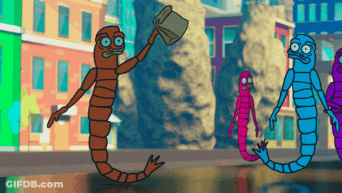 Cartoon Worm Holding Bucket In Front Of Buildings GIF